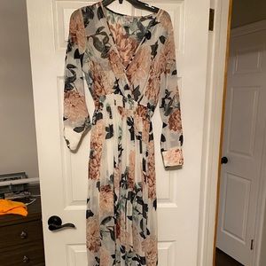 Floral Maxi Long Sleeve Dress w Metallic Trim